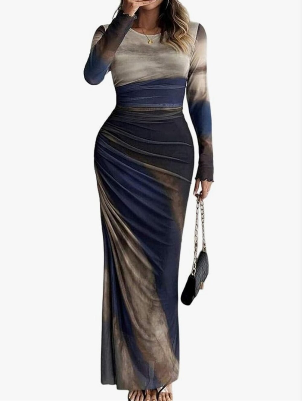 Unbranded Stretch Lined Mesh Ombre Blue Brown Maxi Bodycon Dress Size L